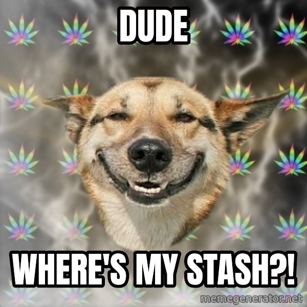 Stoner Dog meme: dude / where's my stash?!
