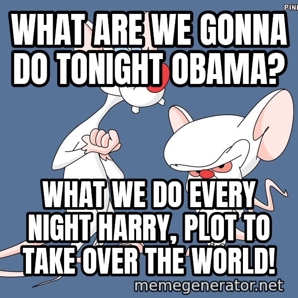 Pinky And The Brain meme: what are we gonna do tonight obama? / what we do every night harry, plot to take over the world!