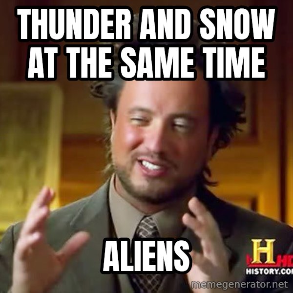 Ancient Aliens meme: Thunder and snow at the same time / Aliens