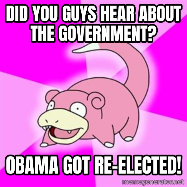Slowpoke meme: Did you guys hear about the government? / obama got re-elected!