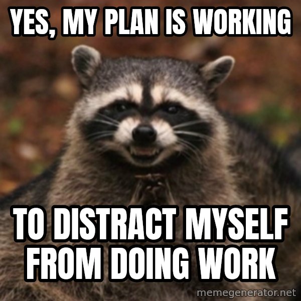 evil raccoon meme: yes, my plan is working / to distract myself from doing work