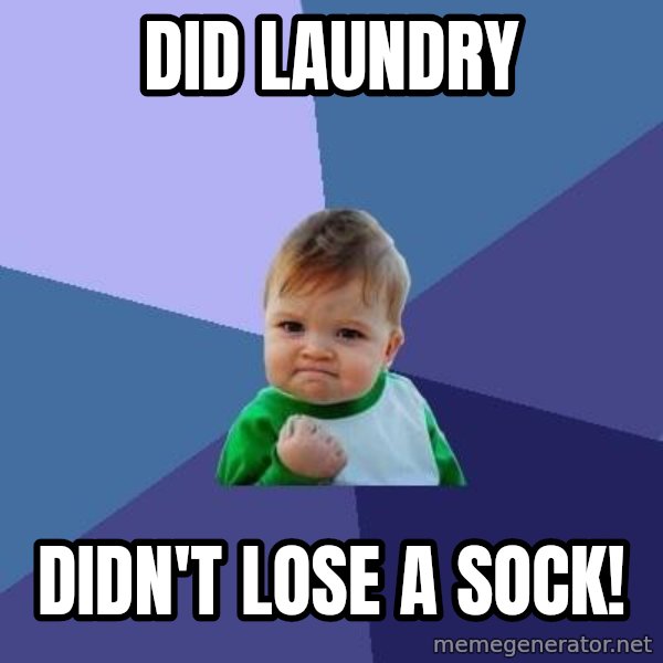 Success Kid meme: Did Laundry / Didn't lose a sock!