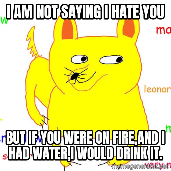 Grumpy Cat  meme: i am not saying i hate you / but if you were on fire,and i had water,i would drink it.