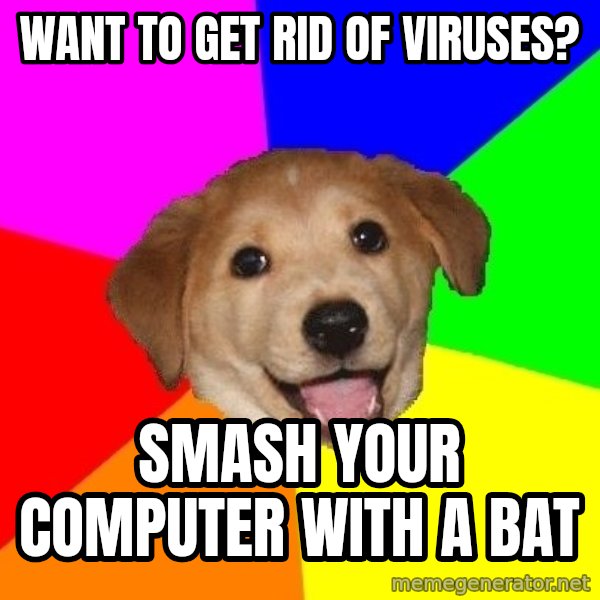 Advice Dog meme: want to get rid of viruses? / smash your computer with a bat