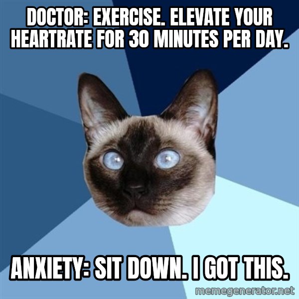 Chronic Illness Cat meme: Doctor: Exercise. Elevate your heartrate for 30 minutes per day. / Anxiety: Sit down. I got this.