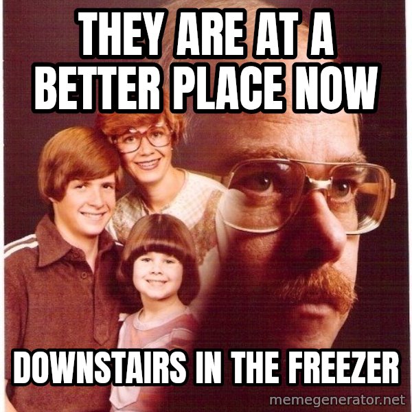 Vengeance Dad meme: They are at a better place now / Downstairs in the freezer