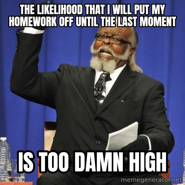 Rent Is Too Damn High meme: The likelihood that I will put my homework off until the last moment / IS TOO DAMN HIGH