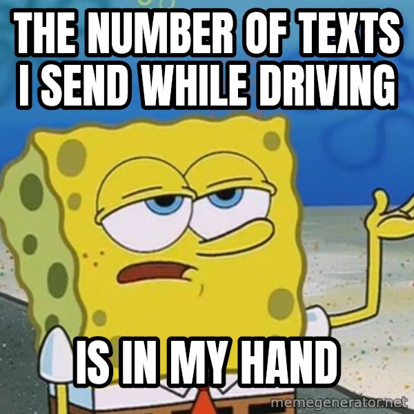 I'll have you know Spongebob meme: The number of texts i send while driving / is in my hand