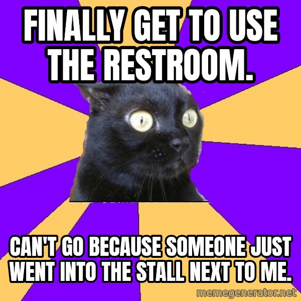 Anxiety Cat meme: Finally get to use the restroom. / Can't go because someone just went into the stall next to me.
