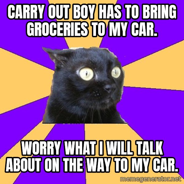 Anxiety Cat meme: Carry out boy has to bring groceries to my car. / Worry what I will talk about on the way to my car.