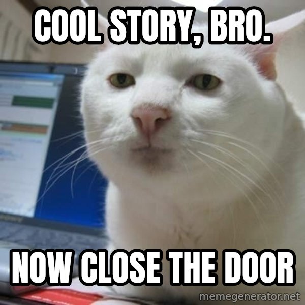 Serious Cat meme: Cool story, bro. / Now close the door