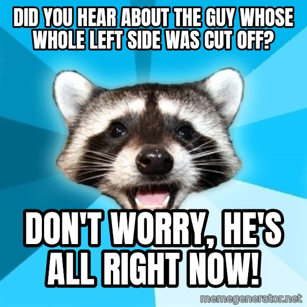Lame Pun Coon meme: Did you hear about the guy whose whole left side was cut off? / Don't worry, he's all right now!