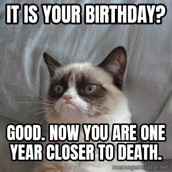 Grumpy cat good meme: It is your birthday? / good. now you are one year closer to death.
