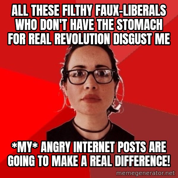 Liberal Douche Garofalo meme: all these filthy faux-liberals who don't have the stomach for real revolution disgust me / *My* angry internet posts are going to make a real difference!