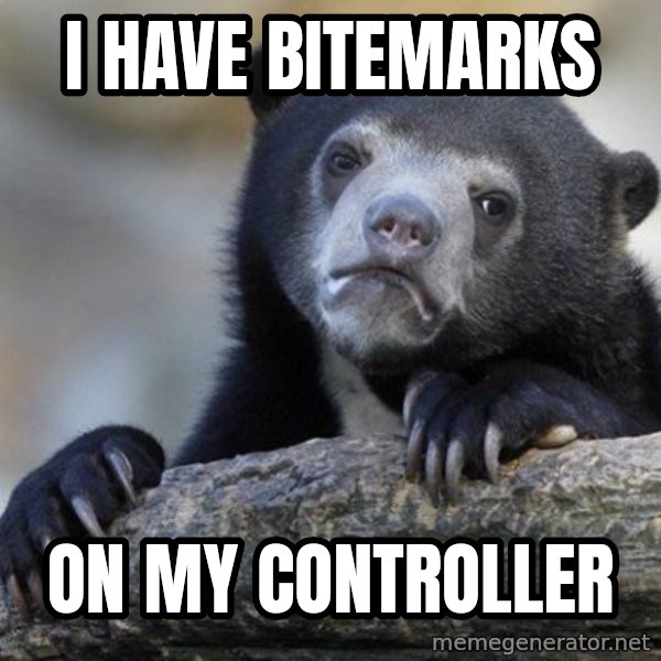 Confession Bear meme: i have bitemarks / on my controller