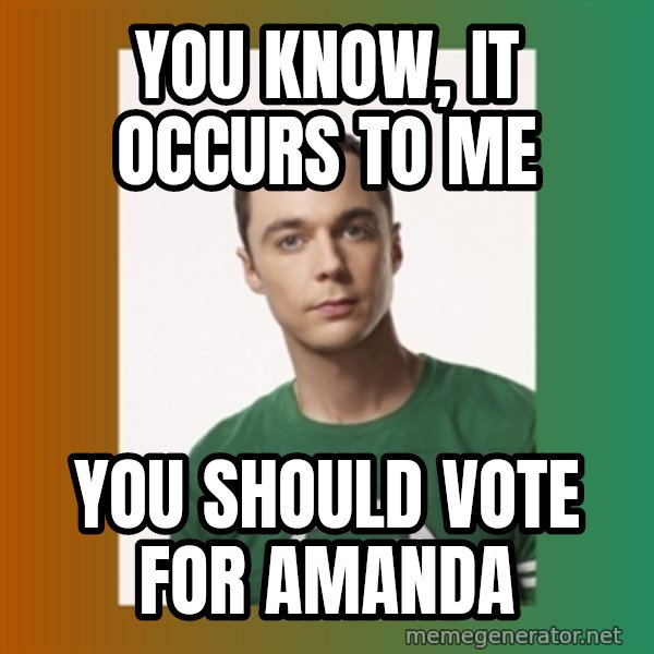 sheldon cooper  meme: You know, it occurs to me / you should vote for amanda