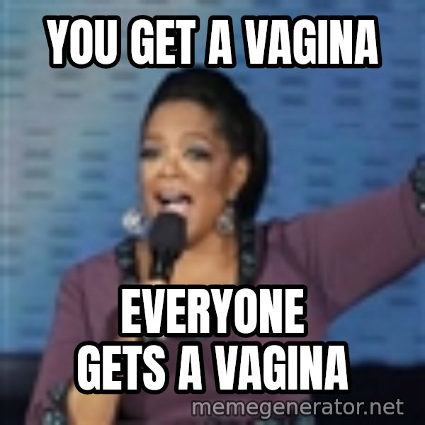 oprah winfrey meme: You get a vagina / everyone gets a vagina