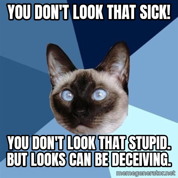 Chronic Illness Cat meme: You don't look that sick! / You don't look that stupid. But looks can be deceiving.