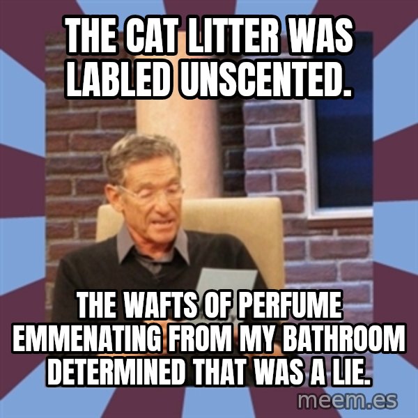 maury povich lol meme: The cat litter was labled unscented. / The wafts of perfume emmenating from my bathroom determined that was a lie.