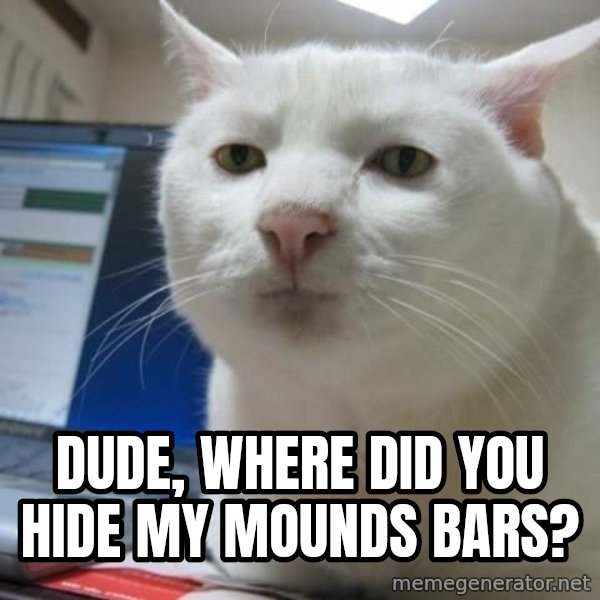 Serious Cat meme: dude, where did you hide my mounds bars?