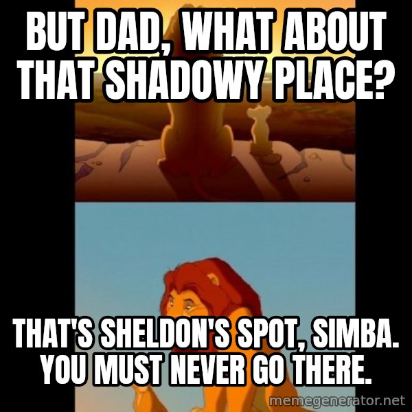 Lion King Shadowy Place meme: But Dad, what about that shadowy place? / That's Sheldon's spot, Simba. You must never go there.