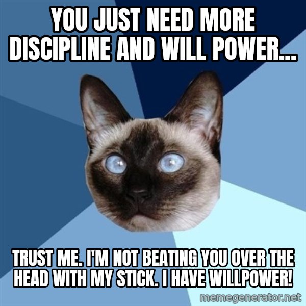 Chronic Illness Cat meme: You just need more discipline and will power... / Trust me. I'm not beating you over the head with my stick. I have willpower!