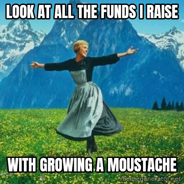 Look at All the Fucks I Give meme: look at all the funds i raise / with growing a moustache