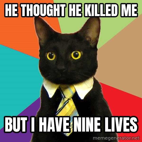 Business Cat meme: He thought he killed me / but i have nine lives