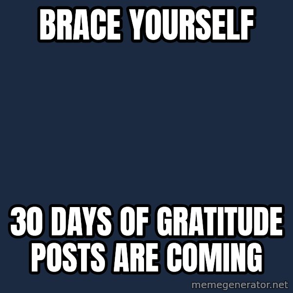 Winter is Coming meme: Brace yourself / 30 days of gratitude posts are coming