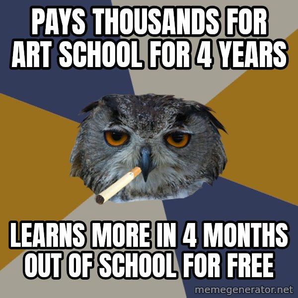 Art Student Owl meme: Pays thousands for art school for 4 years / Learns more in 4 months out of school for free