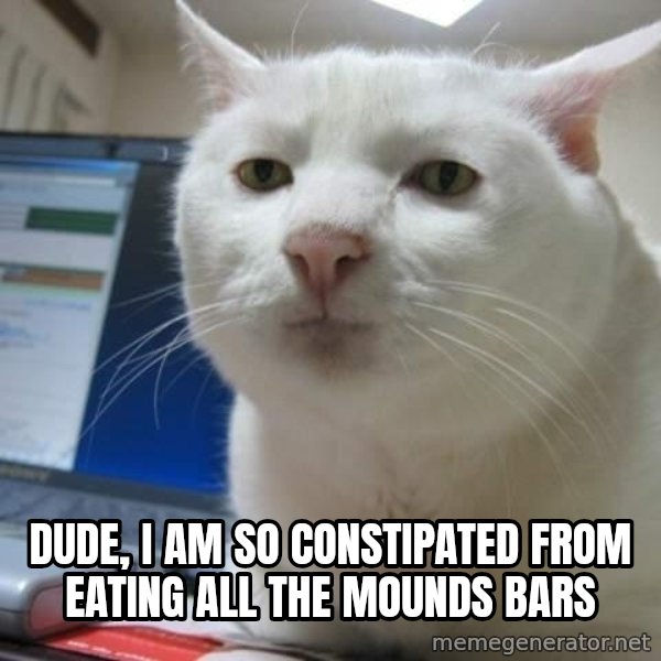 Serious Cat meme: dude, i am so constipated from eating all the mounds bars