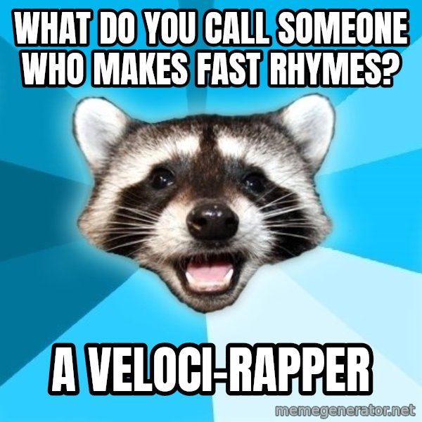 Lame Pun Coon meme: What do you call someone who makes fast rhymes? / A veloci-rapper