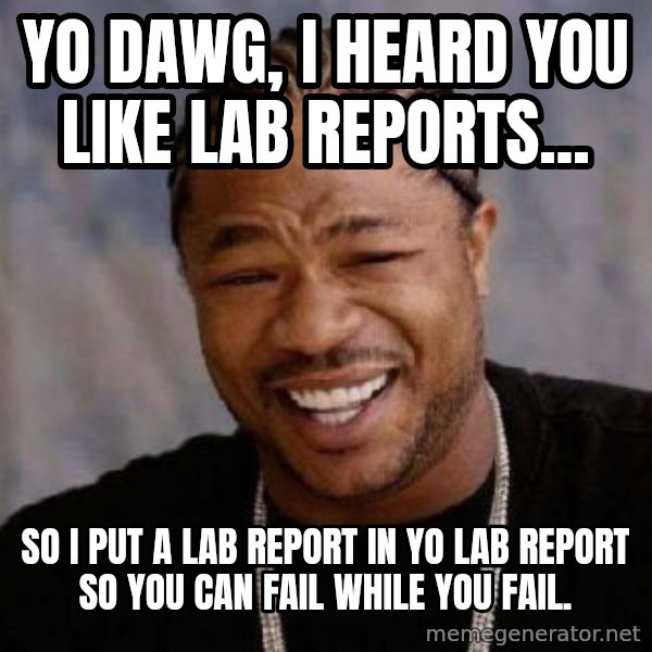Yo Dawg meme: Yo dawg, I heard you like lab reports... / So I put a lab report in yo lab report so you can fail while you fail.