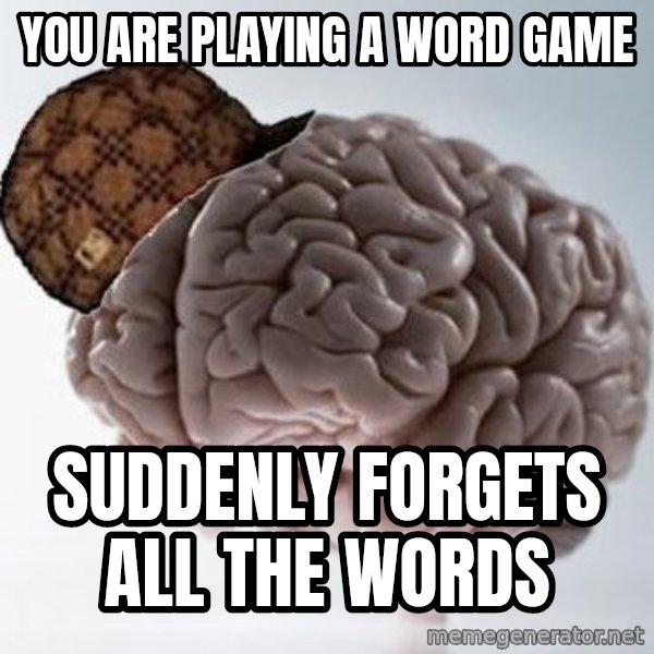 Scumbag Brain meme: you are playing a word game / suddenly forgets all the words