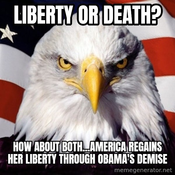 American Pride Eagle meme: liberty or death? / how about both...america regains her liberty through obama's demise