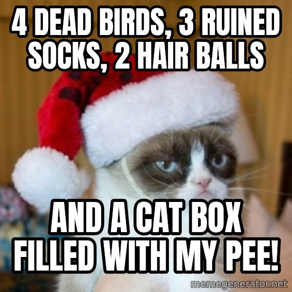 Grumpy Cat Santa Hat meme: 4 dead birds, 3 ruined socks, 2 hair balls / And a cat box filled with my pee!