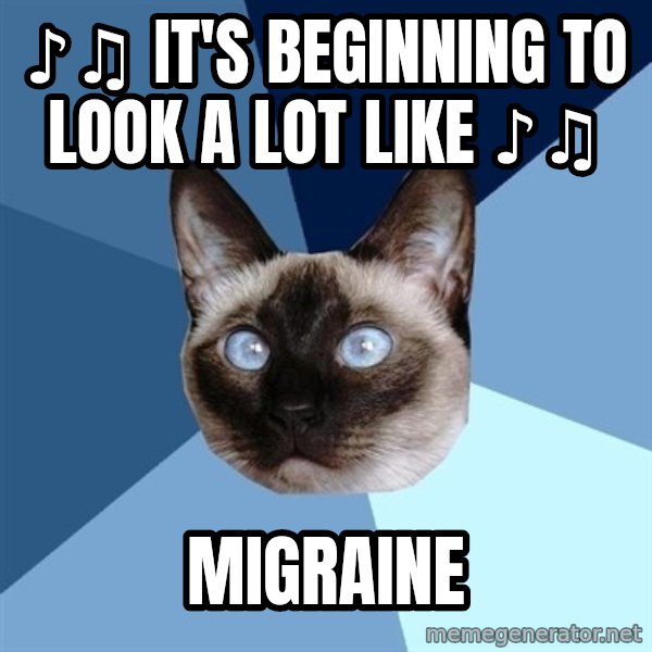 Chronic Illness Cat meme: ♪♫ It's beginning to look a lot like ♪♫ / Migraine