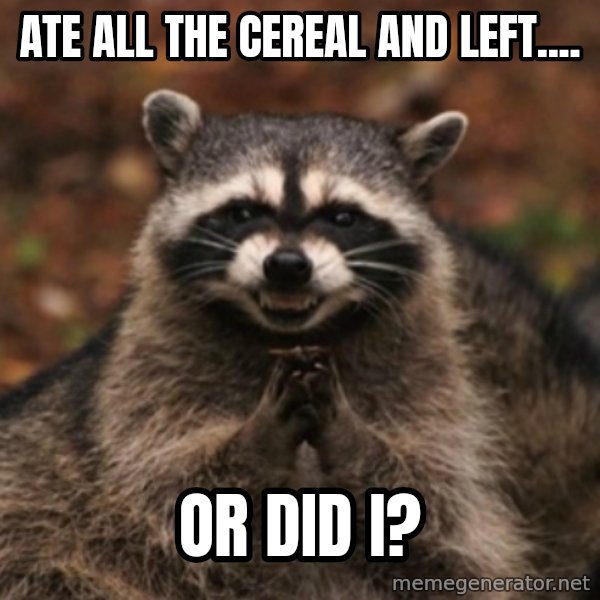 evil raccoon meme: Ate all the cereal and left.... / Or did I?