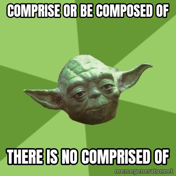 Advice Yoda Gives meme: Comprise or be composed of / there is no comprised of