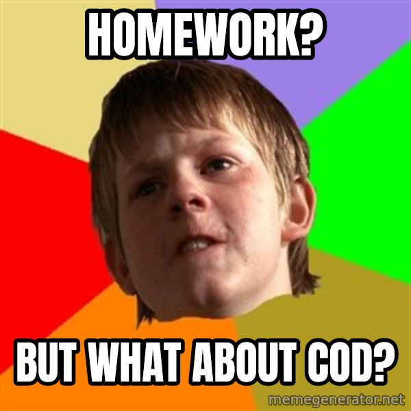 Angry School Boy meme: homework? / but what about CoD?