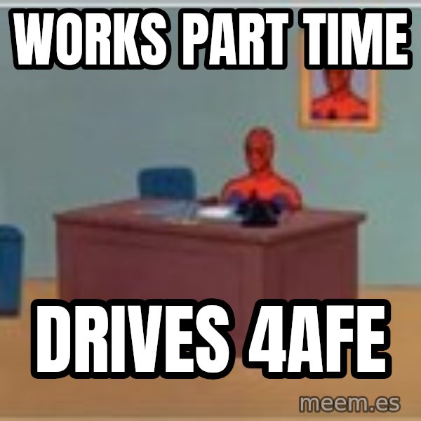 Spider Man Desk meme: Works part time / Drives 4afe