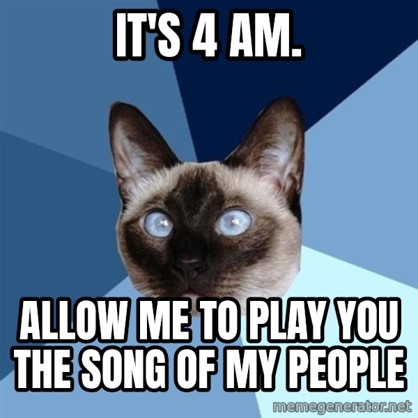 Chronic Illness Cat meme: It's 4 am. / Allow me to play you the song of my people