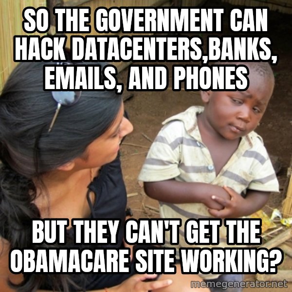 you mean to tell me black kid meme: So the government can hack datacenters,banks, emails, and phones / But they can't get the obamacare site working?