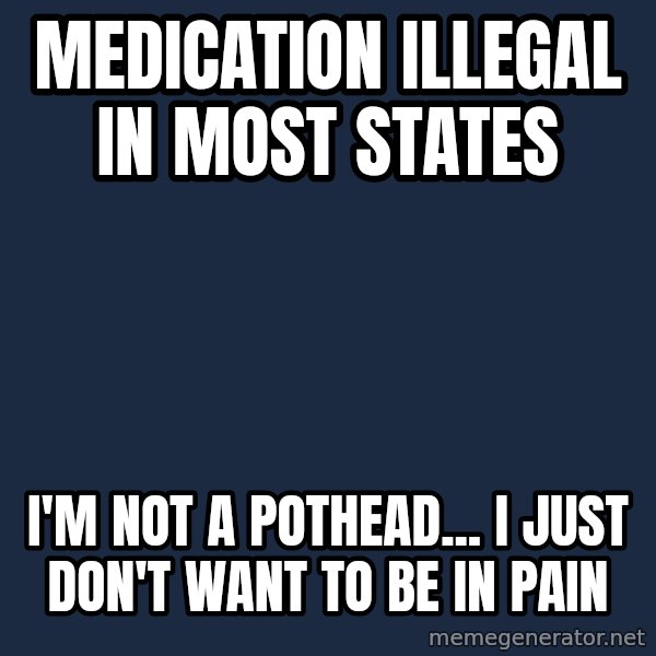 Chronic Illness Cat meme: Medication illegal in most states / I'm not a pothead... I just don't want to be in pain