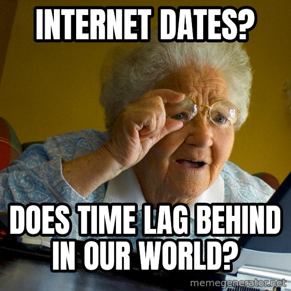 Internet Grandma Surprise meme: internet dates? / does time lag behind in our world?