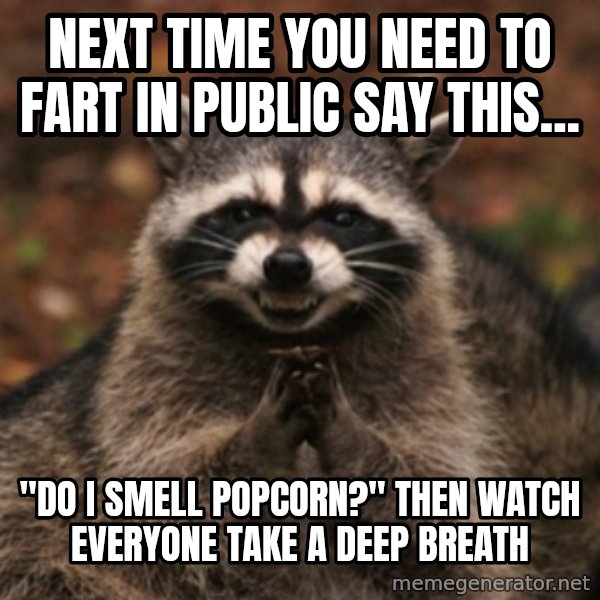 evil raccoon meme: next time you need to fart in public say this... / "Do i smell popcorn?" then watch everyone take a deep breath