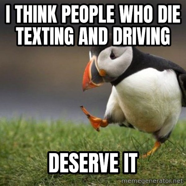 Unpopular Opinion Puffin meme: i THINK PEOPLE WHO DIE TEXTING AND DRIVING / dESERVE IT