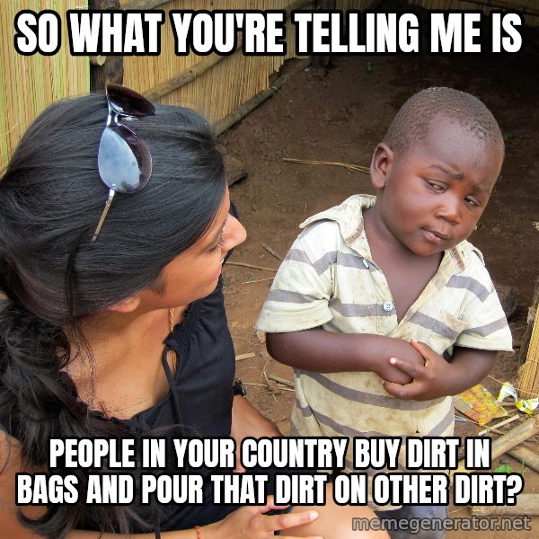 Skeptical African Child meme: so what you're telling me is / people in your country buy dirt in bags and pour that dirt on other dirt?