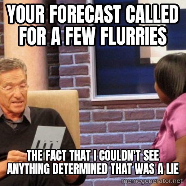 Maury Lie Detector meme: YOUR FORECAST CALLED FOR A FEW FLURRIES / THE FACT THAT I COULDN'T SEE ANYTHING DETERMINED THAT WAS A LIE