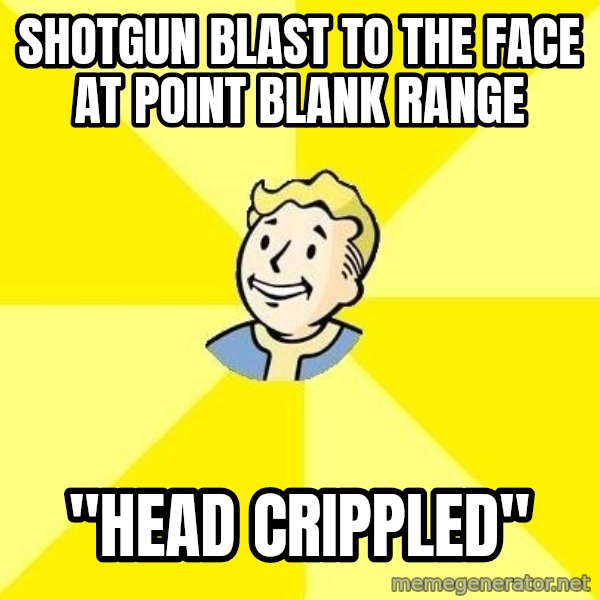 Fallout 3 meme: shotgun blast to the face at point blank range / "head crippled"